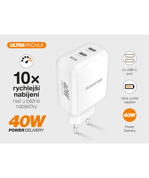 Rychlá nabíječka ALIGATOR, PD 40W, 2xUSB-C, USB-C/Lightning kabel, bílá