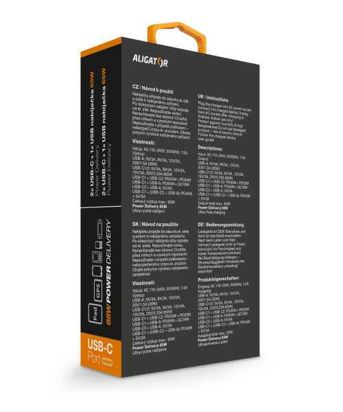 Rychlá nabíječka ALIGATOR GaN, PD 65W, 2xUSB-C, 1xUSB-A, bílá