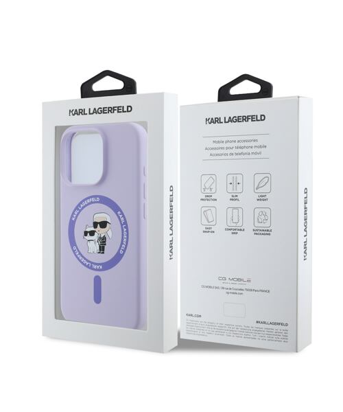 Karl Lagerfeld Liquid Silicone Karl and Choupette MagSafe Zadní Kryt pro iPhone 16 Pro Purple