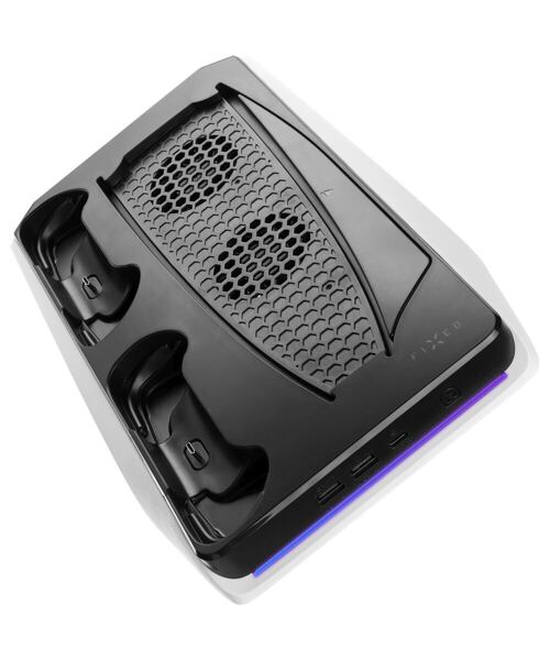 Multifunkční stanice FIXED pro PlayStation 5 s chlazením a nabíjením pro dva ovladače DualSense, čer