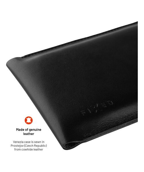 Kožená taštička přes rameno s kapsou FIXED Venezia pro 7" mobilní telefony s černým řetízkem, černá