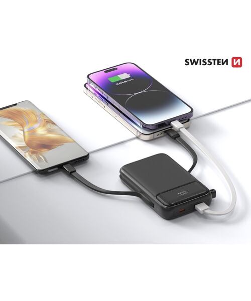 SWISSTEN POWER BANK 10000 mAh PD 22,5W S INTEGROVANÝMI KABELY  USB-C A LIGHTNING (kompatibilní s Mag