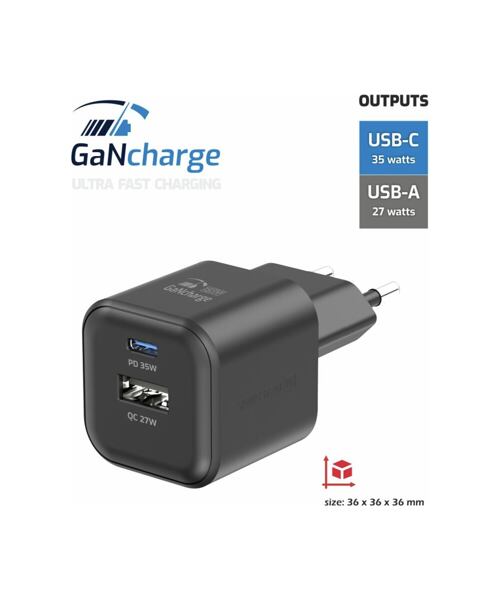 SWISSTEN SÍŤOVÝ ADAPTÉR GaN 1x USB-C 35W PD + 1x USB-A 27W QC ČERNÝ