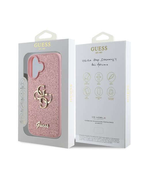 Guess PU Fixed Glitter 4G Metal Logo Zadní Kryt pro iPhone 16 Pink