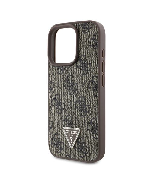 Guess PU 4G Strass Triangle Metal Logo Zadní Kryt pro iPhone 16 Pro Max Brown