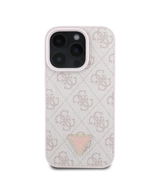 Guess PU 4G Strass Triangle Metal Logo Zadní Kryt pro iPhone 16 Pro Pink