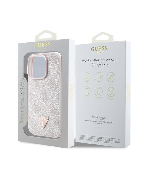 Guess PU 4G Strass Triangle Metal Logo Zadní Kryt pro iPhone 16 Pro Max Pink