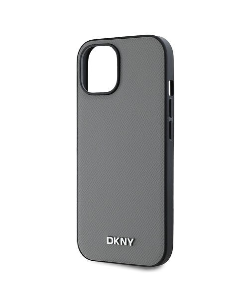 DKNY PU Leather Silver Metal Logo Magsafe Zadní Kryt pro iPhone 14 Grey
