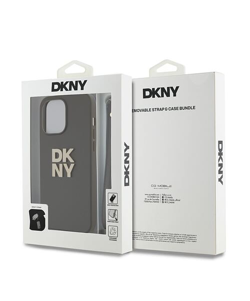 DKNY PU Leather Stack Logo Wrist Strap Zadní Kryt pro iPhone 14 Pro Brown