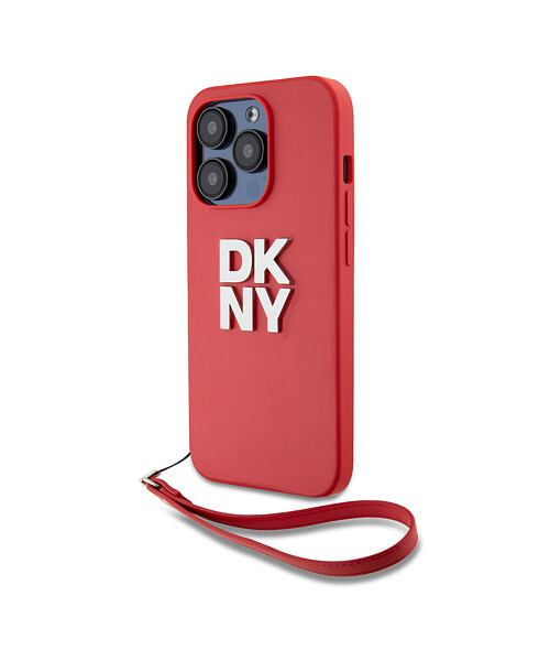 DKNY PU Leather Stack Logo Wrist Strap Zadní Kryt pro iPhone 14 Pro Red