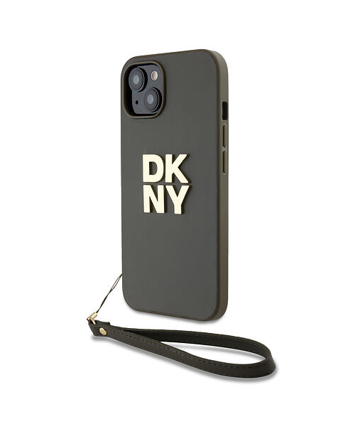 DKNY PU Leather Stack Logo Wrist Strap Zadní Kryt pro iPhone 13 Brown