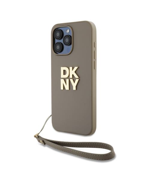DKNY PU Leather Stack Logo Wrist Strap Zadní Kryt pro iPhone 14 Pro Max Beige