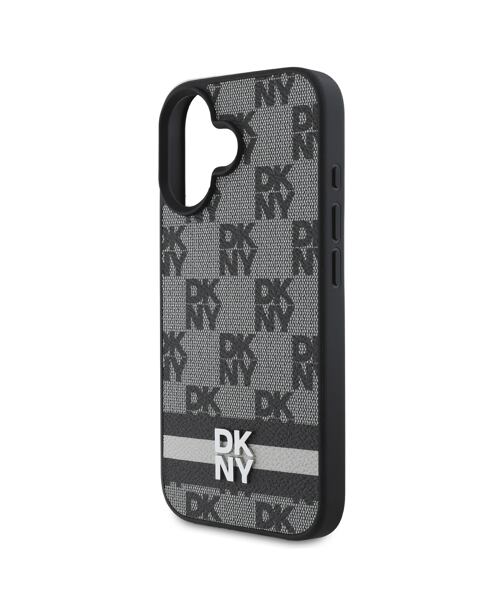 DKNY PU Leather Checkered Pattern and Stripe Zadní Kryt pro iPhone 16 Black