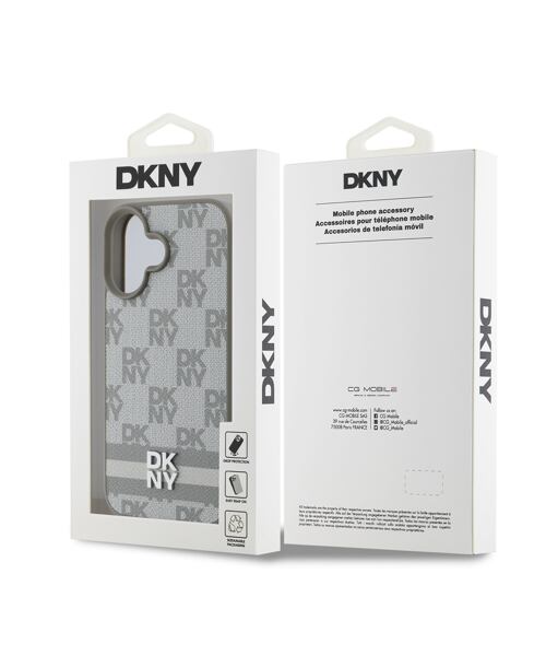 DKNY PU Leather Checkered Pattern and Stripe Zadní Kryt pro iPhone 16 Beige