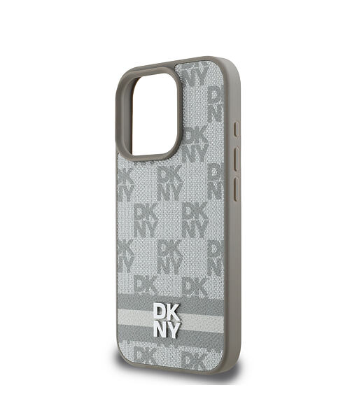 DKNY PU Leather Checkered Pattern and Stripe Zadní Kryt pro iPhone 16 Pro Max Beige