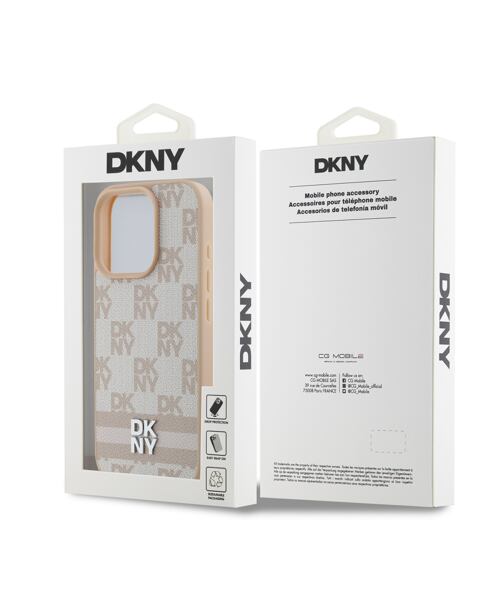 DKNY PU Leather Checkered Pattern and Stripe Zadní Kryt pro iPhone 16 Pro Max Pink