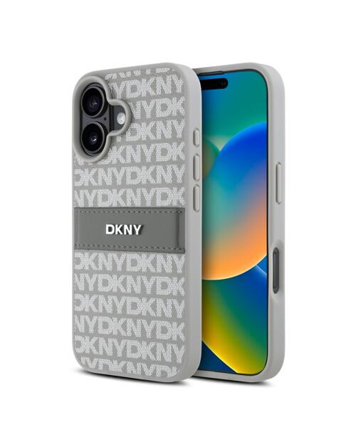 DKNY PU Leather Repeat Pattern Tonal Stripe Zadní Kryt pro iPhone 16 Beige