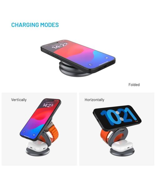 Bezdrátová skládací nabíječka 3v1 FIXED MagPowerstation Round s podporou MagSafe, 15W+5W+5W, šedá