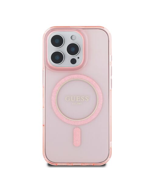 Guess IML Glitter Ring MagSafe Zadní Kryt pro iPhone 16 Pro Pink
