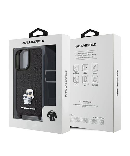 Karl Lagerfeld Saffiano Crossbody Popruh Metal Karl and Choupette Zadní Kryt pro iPhone 16 Plus Blac