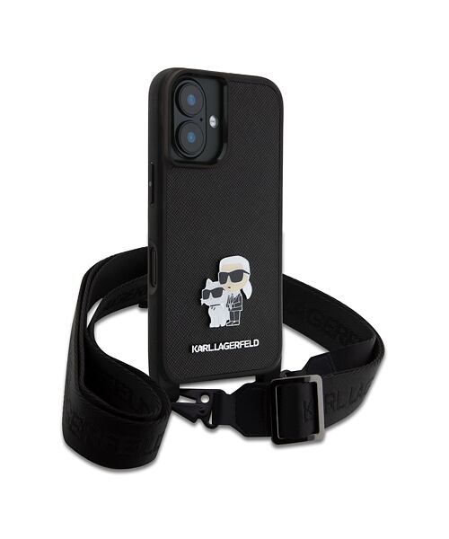 Karl Lagerfeld Saffiano Crossbody Popruh Metal Karl and Choupette Zadní Kryt pro iPhone 16 Black