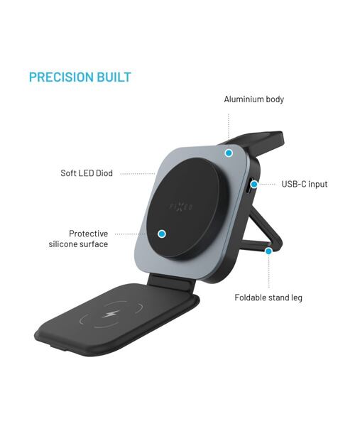 Skládací magnetický bezdrátový nabíjecí stojan 3v1 FIXED MagFlex Alu, 15W+2.5W+3.5W, šedý