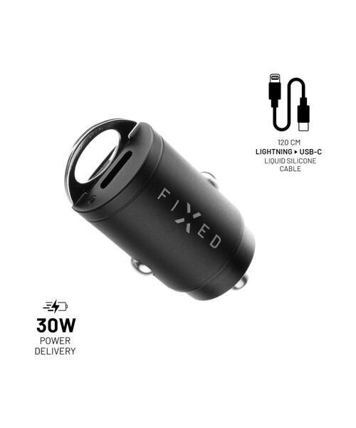 Set autonabíječky FIXED s 2xUSB-C výstupem a USB-C/Lightning kabelu, podpora PD, 1,2 metr, MFI, 30W,