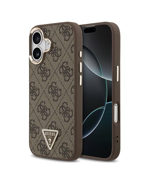 Guess PU Leather 4G Strass Triangle Logo Gold Frame MagSafe Zadní Kryt pro iPhone 17 Brown