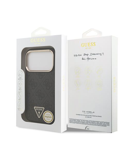 Guess PU Leather 4G Strass Triangle Logo Gold Frame MagSafe Zadní Kryt pro iPhone 17 Pro Black