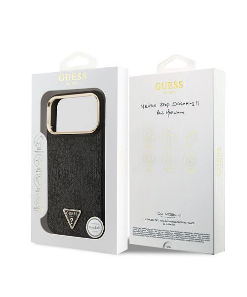 Guess PU Leather 4G Strass Triangle Logo Gold Frame MagSafe Zadní Kryt pro iPhone 17 Pro Max Black