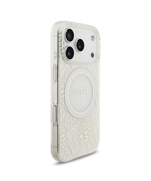Guess IML Flowers Allover Strap MagSafe Zadní Kryt pro iPhone 17 Pro White