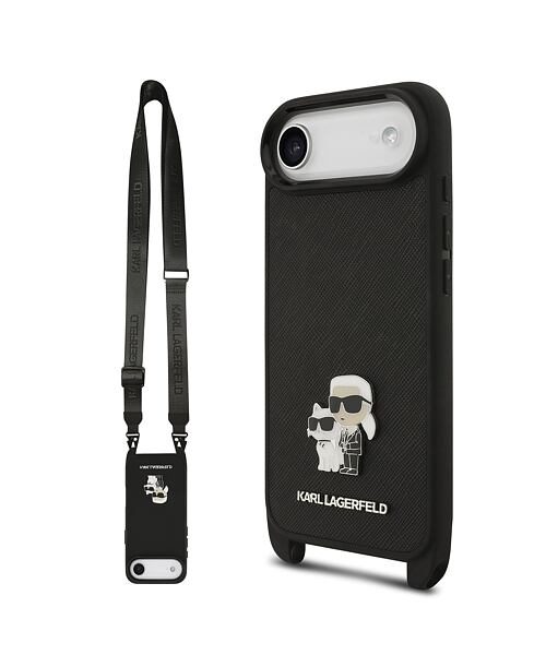 Karl Lagerfeld Saffiano Crossbody Popruh Metal Karl and Choupette Zadní Kryt pro iPhone Air Black