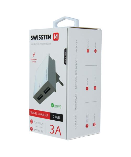 Swissten síťový adaptér Smart IC 2x USB 3A Power - bílý