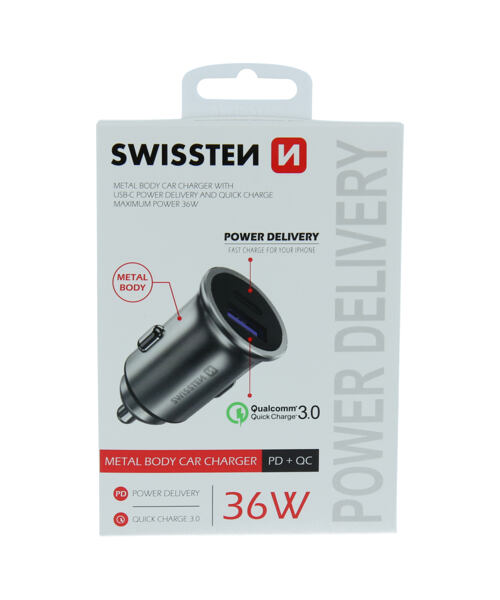 SWISSTEN CL ADAPTÉR POWER DELIVERY USB-C + QUICK CHARGE 3.0 36W METAL STŘÍBRNÝ