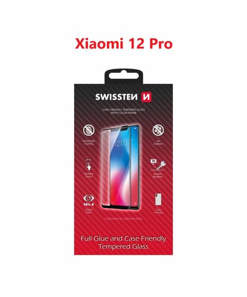 SKLO SWISSTEN FULL GLUE, COLOR FRAME, CASE FRIENDLY PRO XIAOMI 12 PRO ČERNÉ