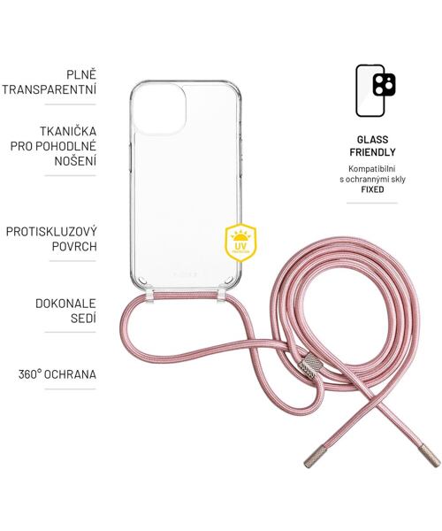 Pouzdro FIXED Pure Neck s růžovou šňůrkou na krk pro Apple iPhone 14 Pro
