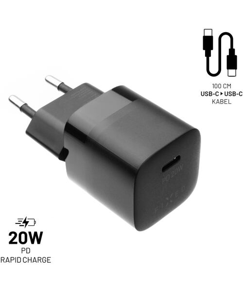 Set síťové nabíječky FIXED Mini s USB-C výstupem a USB-C/USB-C kabelu, podpora PD, 1 metr, 20W, čern
