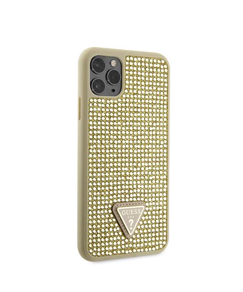 Guess Rhinestones Triangle Metal Logo Kryt pro iPhone 11 Pro Max Gold