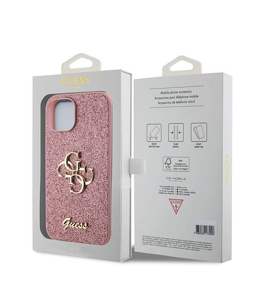 Guess PU Fixed Glitter 4G Metal Logo Zadní Kryt pro iPhone 15 Pink