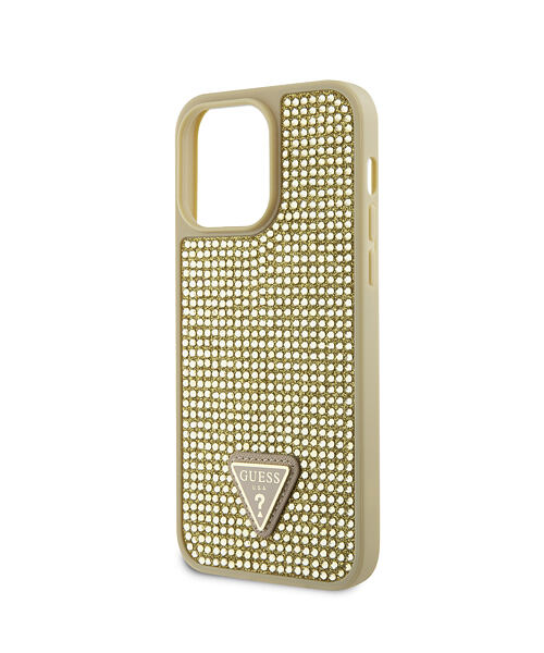 Guess Rhinestones Triangle Metal Logo Kryt pro iPhone 15 Pro Max Gold