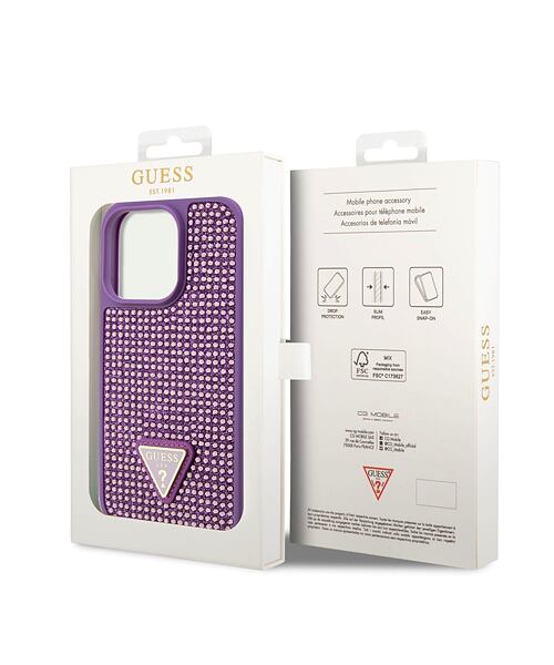 Guess Rhinestones Triangle Metal Logo Kryt pro iPhone 15 Pro Purple