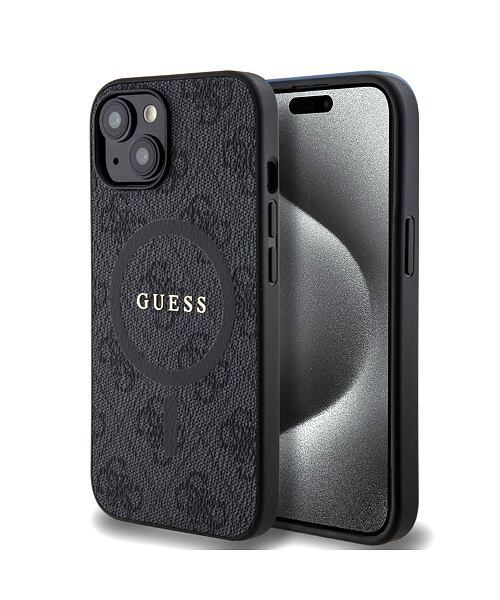 Guess PU Leather 4G Colored Ring MagSafe Zadní Kryt pro iPhone 15 Black