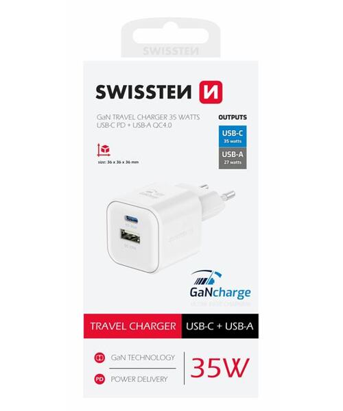 SWISSTEN SÍŤOVÝ ADAPTÉR GaN 1x USB-C 35W PD + 1x USB-A 27W QC BÍLÝ