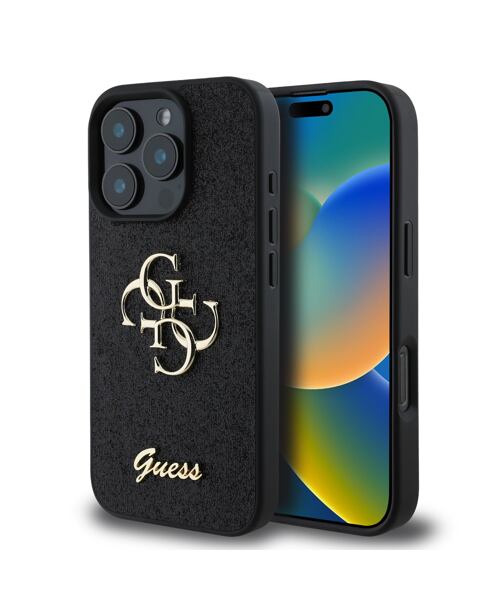 Guess PU Fixed Glitter 4G Metal Logo Zadní Kryt pro iPhone 16 Pro Max Black