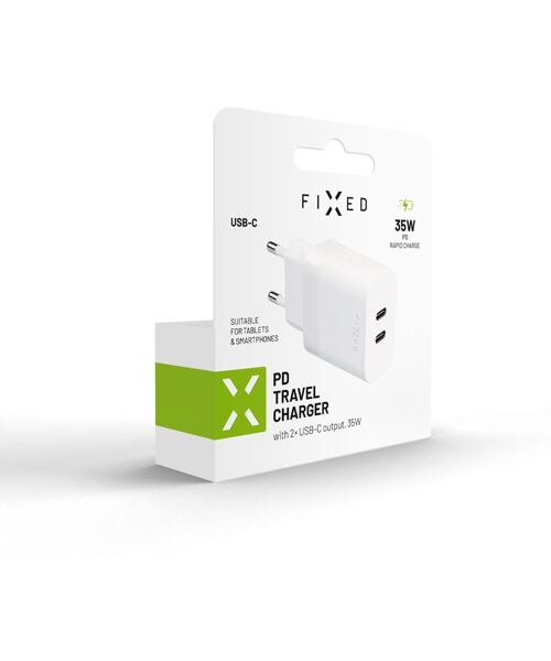 Síťová nabíječka FIXED s 2x USB-C výstupem, podpora PD, 35W, bílá