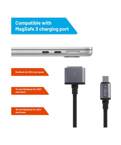 Nabíjecí opletený kabel FIXED s konektory USB-C/MagSafe 3, 2m, 140W, šedý