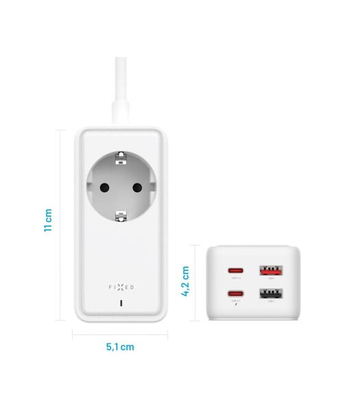 Síťový prodlužovací adaptér FIXED Charging Strip s 2x USB-C a 2x USB, GaN III, 3m, PD 65W, bílý