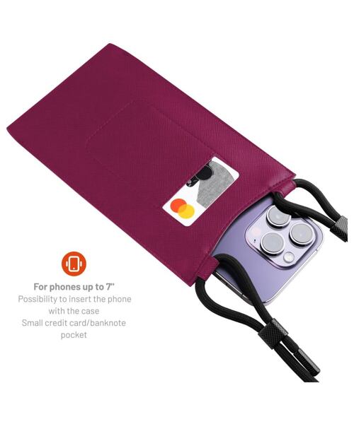 Taštička přes rameno s kapsou FIXED Verona s černou šňůrkou pro mobilní telefony do 7", vínová