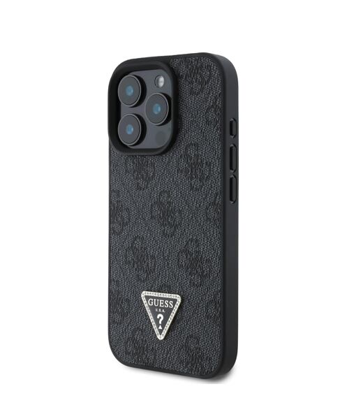 Guess PU 4G Strass Triangle Metal Logo Zadní Kryt pro iPhone 16 Pro Max Black