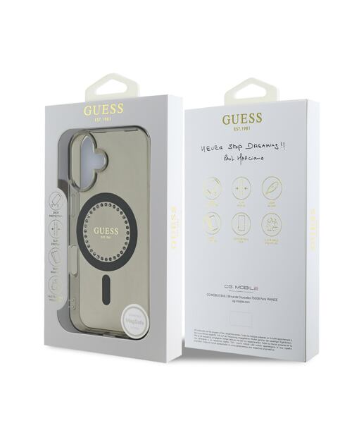 Guess IML Rhinestones Ring MagSafe Zadní Kryt pro iPhone 16 Black